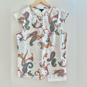 Talbots Cream Multicolored Cotton Paisley Flutter Sleeve Lined Blouse Size L-EUC